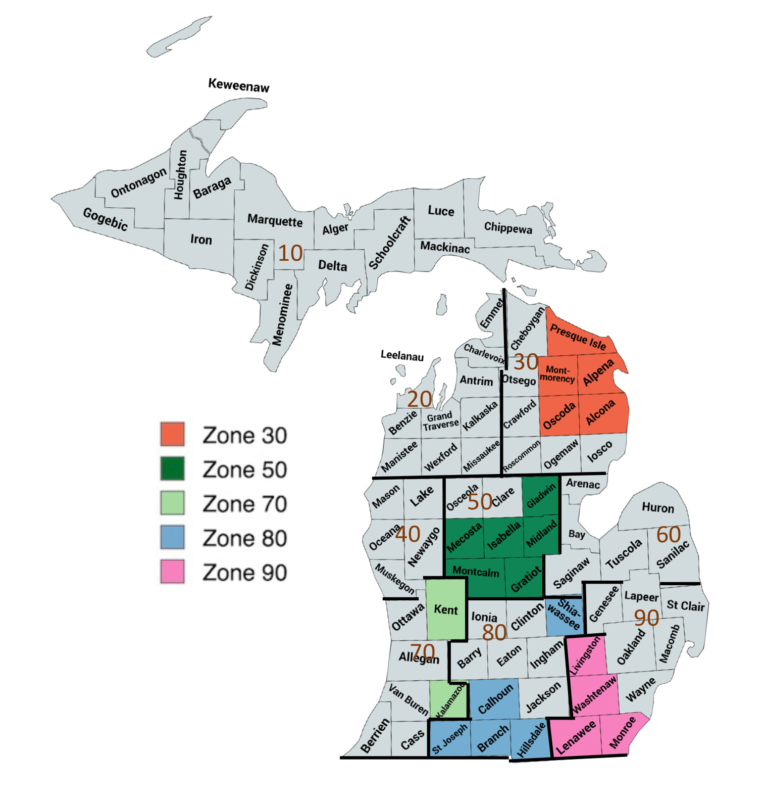 he Michigan county map showing five crop reporting zones.